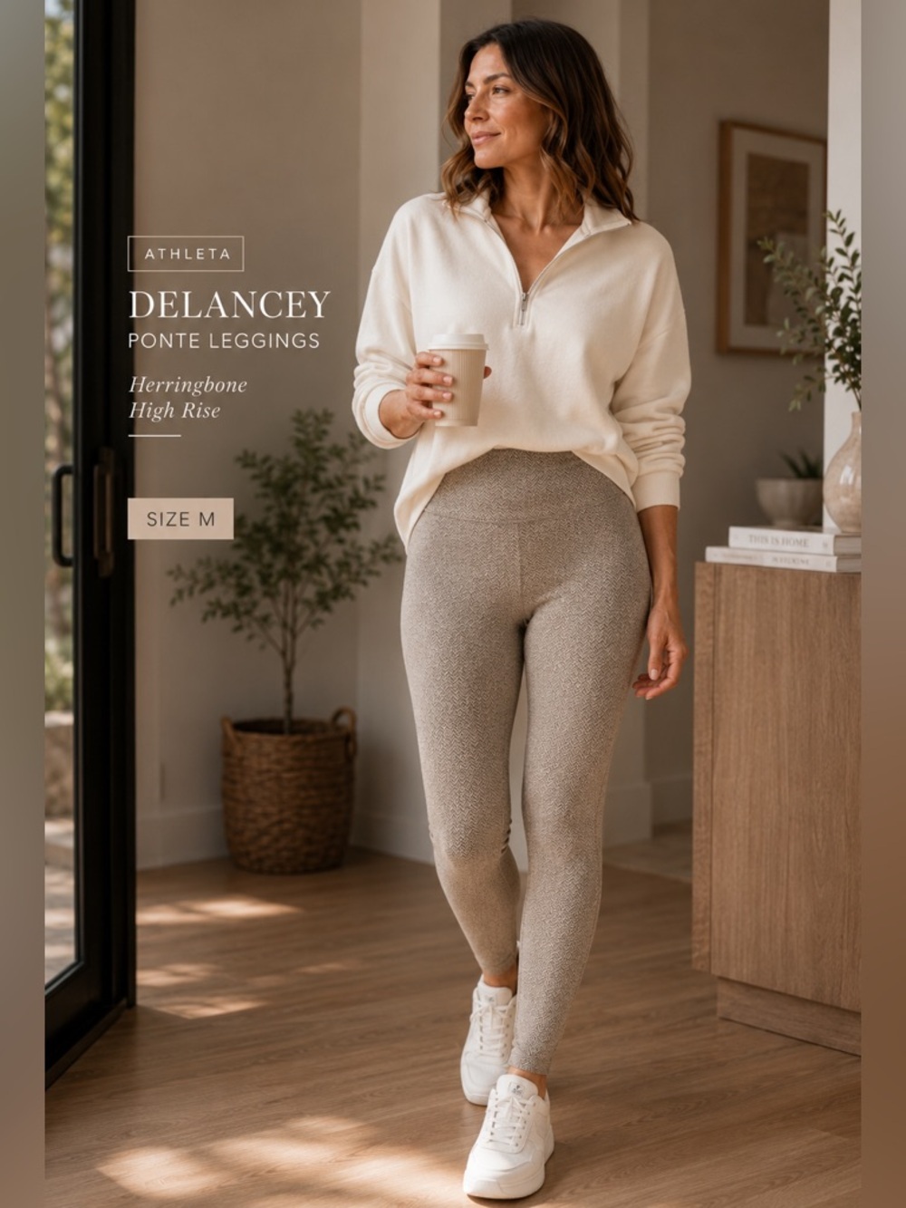 Athleta Delancey Herringbone Ponte Leggings Taupe Tan Pull On Pants M